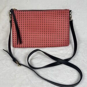 Fossil Crossbody Bag Orange Black Polka Dot PVC Organizer Clutch 11x7"